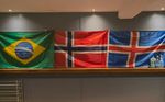 an image of three flags - Brazil, Norway, and Finland, hanging above a wall in the Submission Scoudrels Dojo