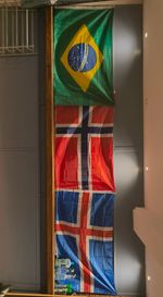 an image of three flags - Brazil, Norway, and Finland, hanging above a wall in the Submission Scoudrels Dojo